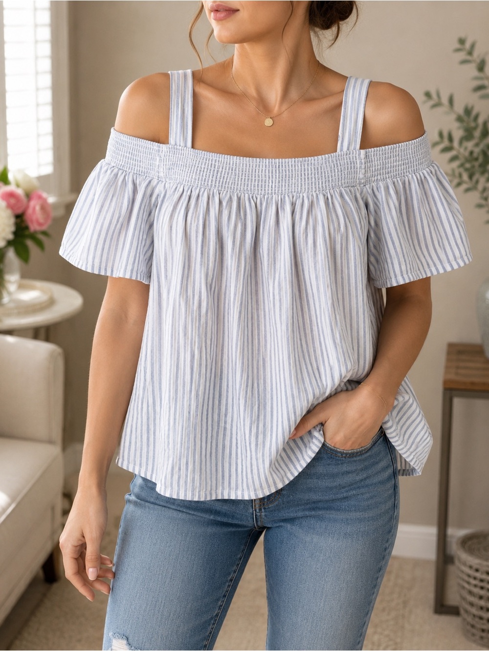 GAP Blue and White Striped Smocked off Shoulder Top Medium